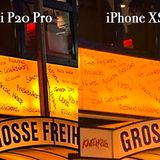 ... vergrößert man einen Bildausschnitt auf 400 Prozent, zeigt sich: Die Unterschriften auf der Leuchtfassade sind beim P20 Pro besser lesbar. Erreicht wird das jedoch mit Methoden, die für das Foto nicht unbedingt gut sind. Es wurde digital nachgeschärft. Das könnte man mit dem iPhone-Foto jedoch auch im Nachhinein noch machen, etwa mit Photoshop.