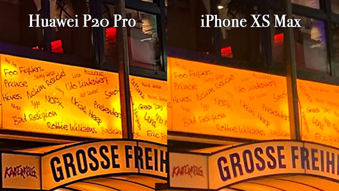 P20 Pro vs. iPhone XS: ... vergrößert man einen Bildausschnitt auf 400 Prozent, zeigt sich: Die Unterschriften auf der Leuchtfassade sind beim P20 Pro besser lesbar. Erreicht wird das jedoch mit Methoden, die für das Foto nicht unbedingt gut sind. Es wurde digital nachgeschärft. Das könnte man mit dem iPhone-Foto jedoch auch im Nachhinein noch machen, etwa mit Photoshop. ... vergrößert man einen Bildausschnitt auf 400 Prozent, zeigt sich: Die Unterschriften auf der Leuchtfassade sind beim P20 Pro besser lesbar. Erreicht wird das jedoch mit Methoden, die für das Foto nicht unbedingt gut sind. Es wurde digital nachgeschärft. Das könnte man mit dem iPhone-Foto jedoch auch im Nachhinein noch machen, etwa mit Photoshop.