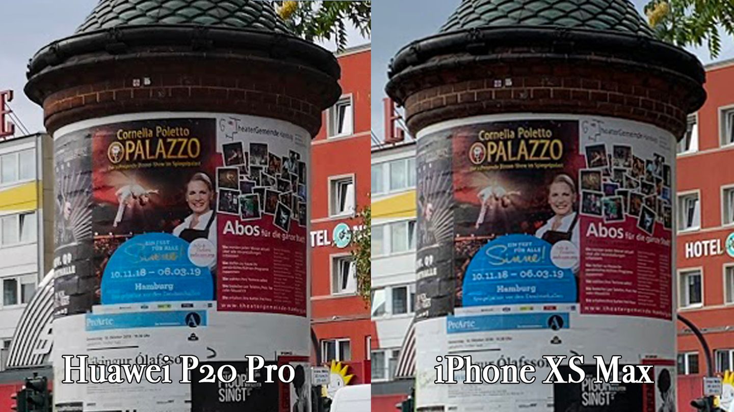 Der Zoom auf die Litfasssäule zeigt eine überraschende Erkenntnis: Waren Schriftzüge nachts auf dem Huawei-Gerät deutlich besser lesbar (siehe Foto von der Großen Freiheit 36), kann man den Schriftzug auf blauem Hintergrund des Cornelia-Poletto-Plakats auf dem iPhone besser lesen. Insgesamt überzeugen aber beide Telefone mit sehr vielen Details.