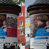 Der Zoom auf die Litfasssäule zeigt eine überraschende Erkenntnis: Waren Schriftzüge nachts auf dem Huawei-Gerät deutlich besser lesbar (siehe Foto von der Großen Freiheit 36), kann man den Schriftzug auf blauem Hintergrund des Cornelia-Poletto-Plakats auf dem iPhone besser lesen. Insgesamt überzeugen aber beide Telefone mit sehr vielen Details.