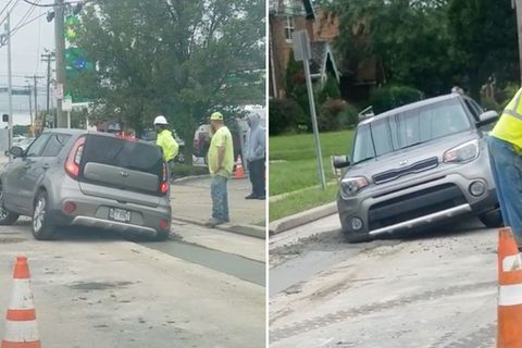 Mann fährt in frischen Beton
