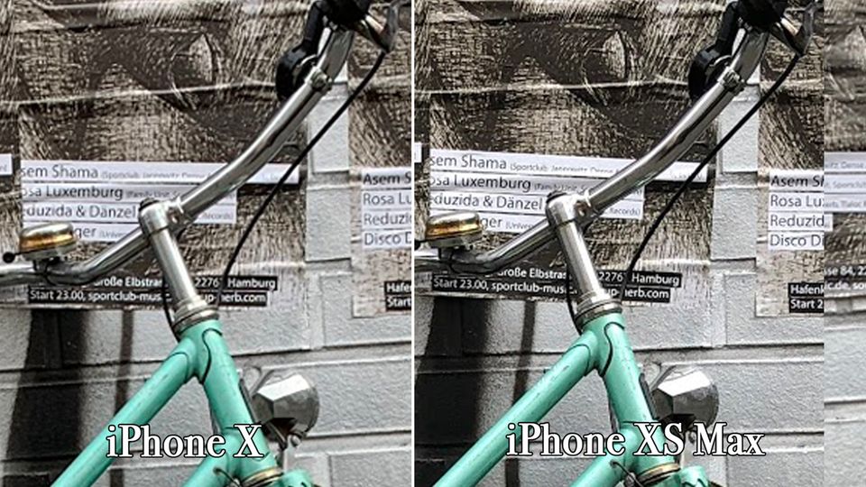 Neues Apple-Smartphone: Der Bildausschnitt wurde um 300 Prozent vergrößert, die Schrift im Hintergrund ist beim XS besser lesbar. Der Bildausschnitt wurde um 300 Prozent vergrößert, die Schrift im Hintergrund ist beim XS besser lesbar.