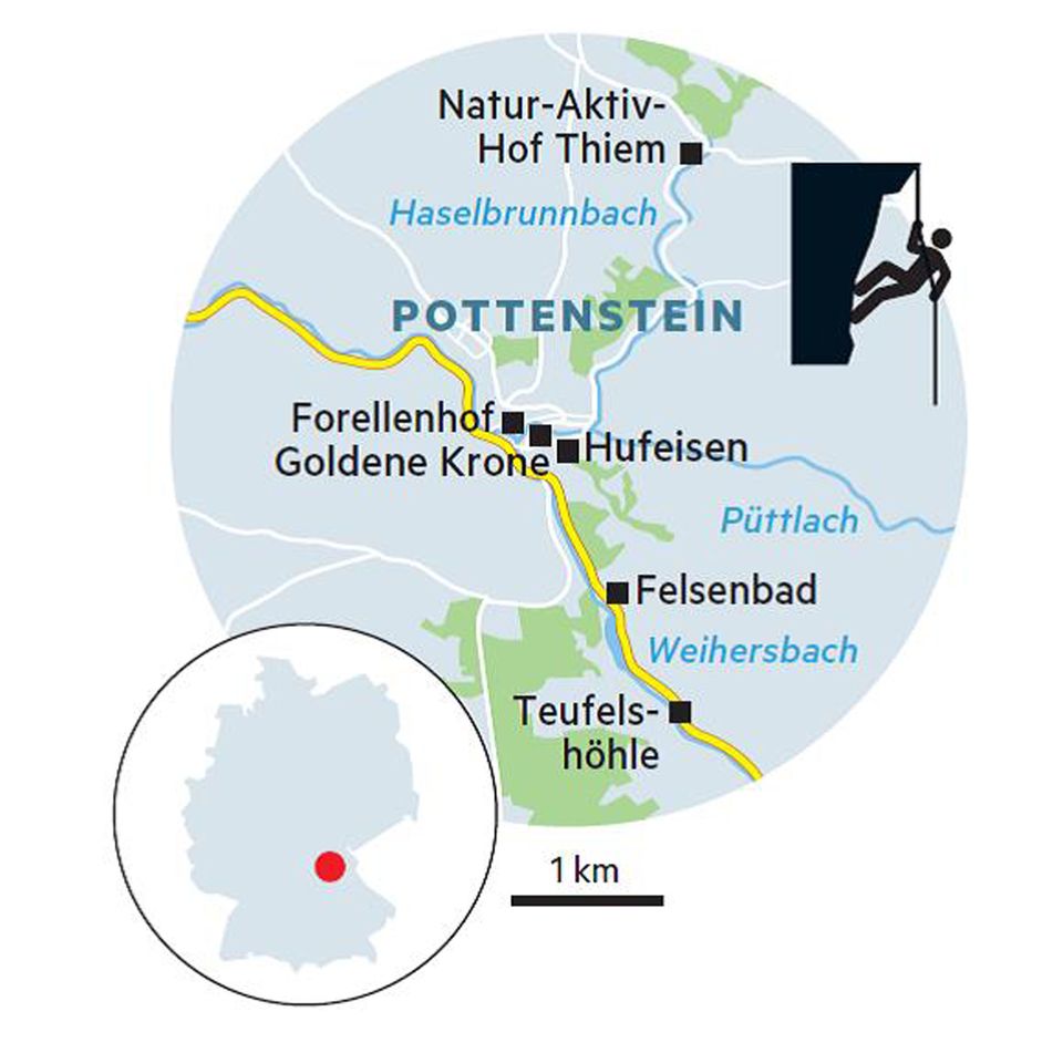 Reisetipp: Übernachten Forellenhof: Das Hotel-Restaurant hat einen Forellenteich und schöne Zimmer mit Blick auf die Burg. DZ/F ab 92 Euro, Am Kurzentrum 3, Tel. 09243/924 20, www.forellenhof-malter.de Natur-Aktiv-Hof Thiem: In dem idyllischen Bauernhof mit vielen Tieren und vier Ferienwohnungen fühlen sich vor allem Familien wohl. Apartments ab 36 Euro. Haselbrunn 8, Tel. 09243/16 21, www.landurlaub-thiem.de Burg Rabenstein: Die imposante Anlage ist 800 Jahre alt. 22 Zimmer und Suiten im Burgstil. DZ/F ab 158 Euro, Ahorntal, Rabenstein 33, Tel. 09202/970 04 40, www.burg-rabenstein.de Essen und trinken Hufeisen: In dem Gasthaus mit angeschlossener Brauerei steht vor allem fränkische Küche auf der Karte. Unbedingt das Hausbier "Urdunkel" probieren. Geöffnet freitags bis sonntags. Hauptstraße 36, Tel. 09243/260, www.brauerei-hufeisen.de Goldene Krone: Hier wird nur mit regionalen Produkten gekocht, das Wild ist ein Gedicht. Marktplatz 2, Tel. 09243/924 30, www.goldene-kronepottenstein.de Trattoria Sepe: solider Italiener mit Pizza und Pasta. Man kann ja nicht immer nur fränkisch deftig essen. Marktplatz 4, Tel. 09243/902 54 Erleben Heilstollen-Therapie: In der Teufelshöhle können Besucher täglich von 10 bis 12 Uhr oder nach Vereinbarung durchatmen. Preis: 8 Euro, Pegnitzer Straße 100, www.teufelshoehle.de Klettern: Kurse für Einsteiger bis Könner bietet unter anderem die Bergsportschule Proalpin an, für die Kletterlehrerin Janine Ziermann arbeitet. www.proalpin.com Schwimmen: Das herrliche Felsenbad mit Tradition und Biergarten ist bei schönem Wetter von 11 bis 19 Uhr geöffnet. Pegnitzer Straße 35, www.felsenbadpottenstein.info Übernachten Forellenhof: Das Hotel-Restaurant hat einen Forellenteich und schöne Zimmer mit Blick auf die Burg. DZ/F ab 92 Euro, Am Kurzentrum 3, Tel. 09243/924 20, www.forellenhof-malter.de Natur-Aktiv-Hof Thiem: In dem idyllischen Bauernhof mit vielen Tieren und vier Ferienwohnungen fühlen sich vor allem Familien wohl. Apartments ab 36 Euro. Haselbrunn 8, Tel. 09243/16 21, www.landurlaub-thiem.de Burg Rabenstein: Die imposante Anlage ist 800 Jahre alt. 22 Zimmer und Suiten im Burgstil. DZ/F ab 158 Euro, Ahorntal, Rabenstein 33, Tel. 09202/970 04 40, www.burg-rabenstein.de Essen und trinken Hufeisen: In dem Gasthaus mit angeschlossener Brauerei steht vor allem fränkische Küche auf der Karte. Unbedingt das Hausbier "Urdunkel" probieren. Geöffnet freitags bis sonntags. Hauptstraße 36, Tel. 09243/260, www.brauerei-hufeisen.de Goldene Krone: Hier wird nur mit regionalen Produkten gekocht, das Wild ist ein Gedicht. Marktplatz 2, Tel. 09243/924 30, www.goldene-kronepottenstein.de Trattoria Sepe: solider Italiener mit Pizza und Pasta. Man kann ja nicht immer nur fränkisch deftig essen. Marktplatz 4, Tel. 09243/902 54 Erleben Heilstollen-Therapie: In der Teufelshöhle können Besucher täglich von 10 bis 12 Uhr oder nach Vereinbarung durchatmen. Preis: 8 Euro, Pegnitzer Straße 100, www.teufelshoehle.de Klettern: Kurse für Einsteiger bis Könner bietet unter anderem die Bergsportschule Proalpin an, für die Kletterlehrerin Janine Ziermann arbeitet. www.proalpin.com Schwimmen: Das herrliche Felsenbad mit Tradition und Biergarten ist bei schönem Wetter von 11 bis 19 Uhr geöffnet. Pegnitzer Straße 35, www.felsenbadpottenstein.info