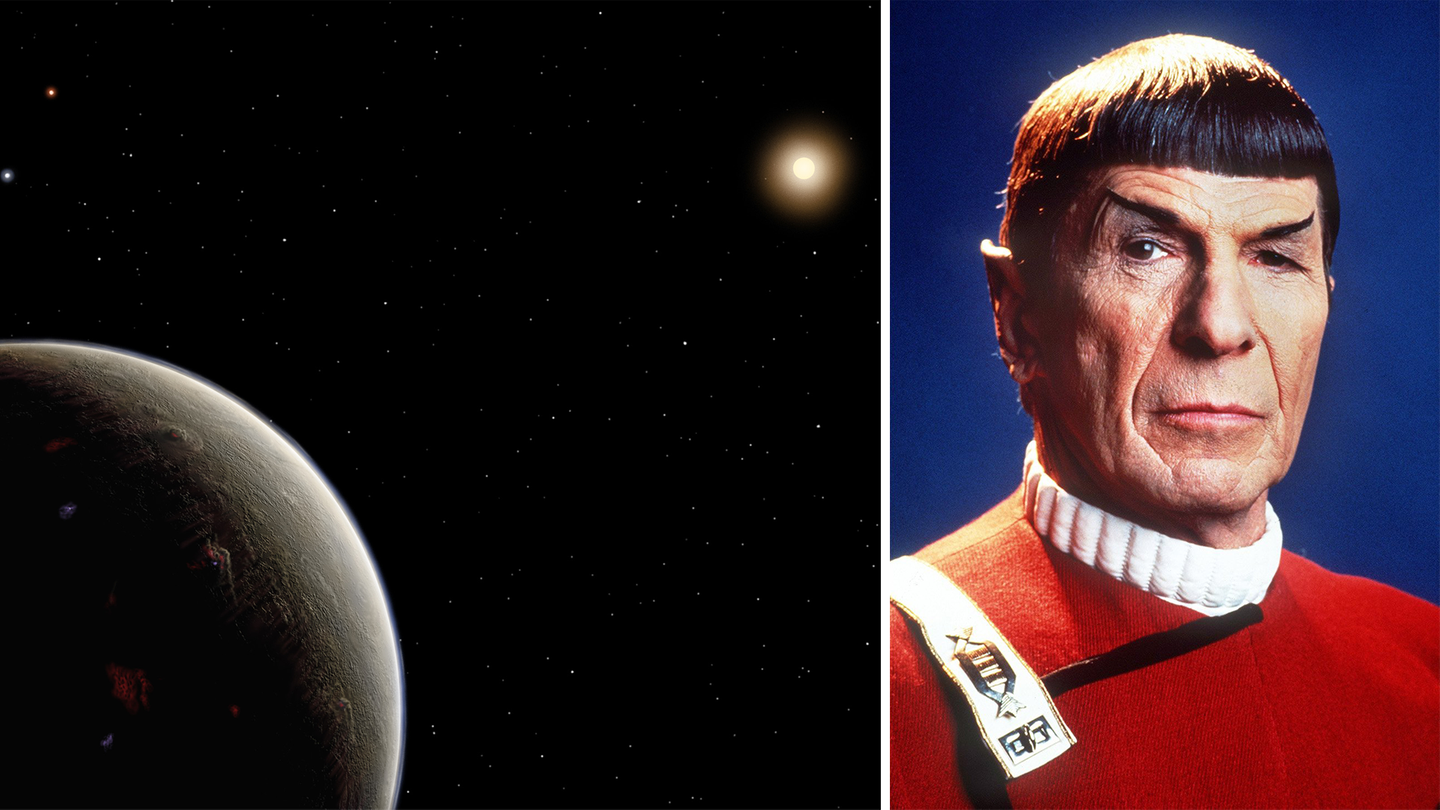 Links im Bild: Ein Bild des Planeten, rechts im Bild: Star-Trek-Commander Mr. Spock