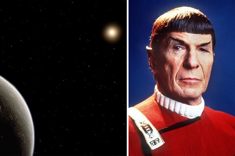 Links im Bild: Ein Bild des Planeten, rechts im Bild: Star-Trek-Commander Mr. Spock