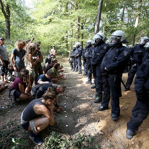 Aktivisten stellen im Hambacher Forst vor einer Polizeikette Kerzen auf. Während der großen Räumungsaktion im rheinischen Braunkohlerevier Hambacher Forst war ein Journalist am Mittwoch aus einem Baumhaus abgestürzt tödlich verletzt worden.