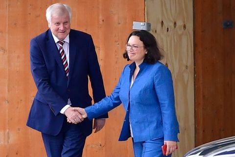 Werden wohl keine politischen Freunde mehr: Horst Seehofer und Andrea Nahles schütteln sich Mitte September vor dem Kanzleramt eher gequält die Hand