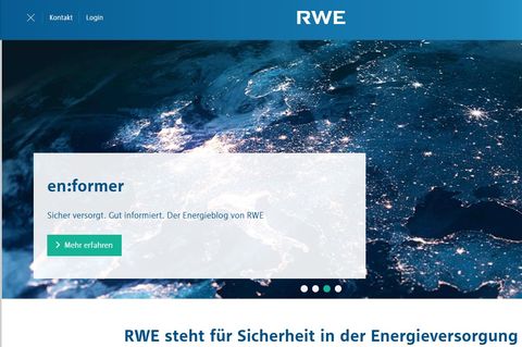 Ein Screenshot zwigt die Homepage des Energiekonzerns RWE: in Blau gehalten und mit einer Satellitenaufnahme Europas bei Nacht