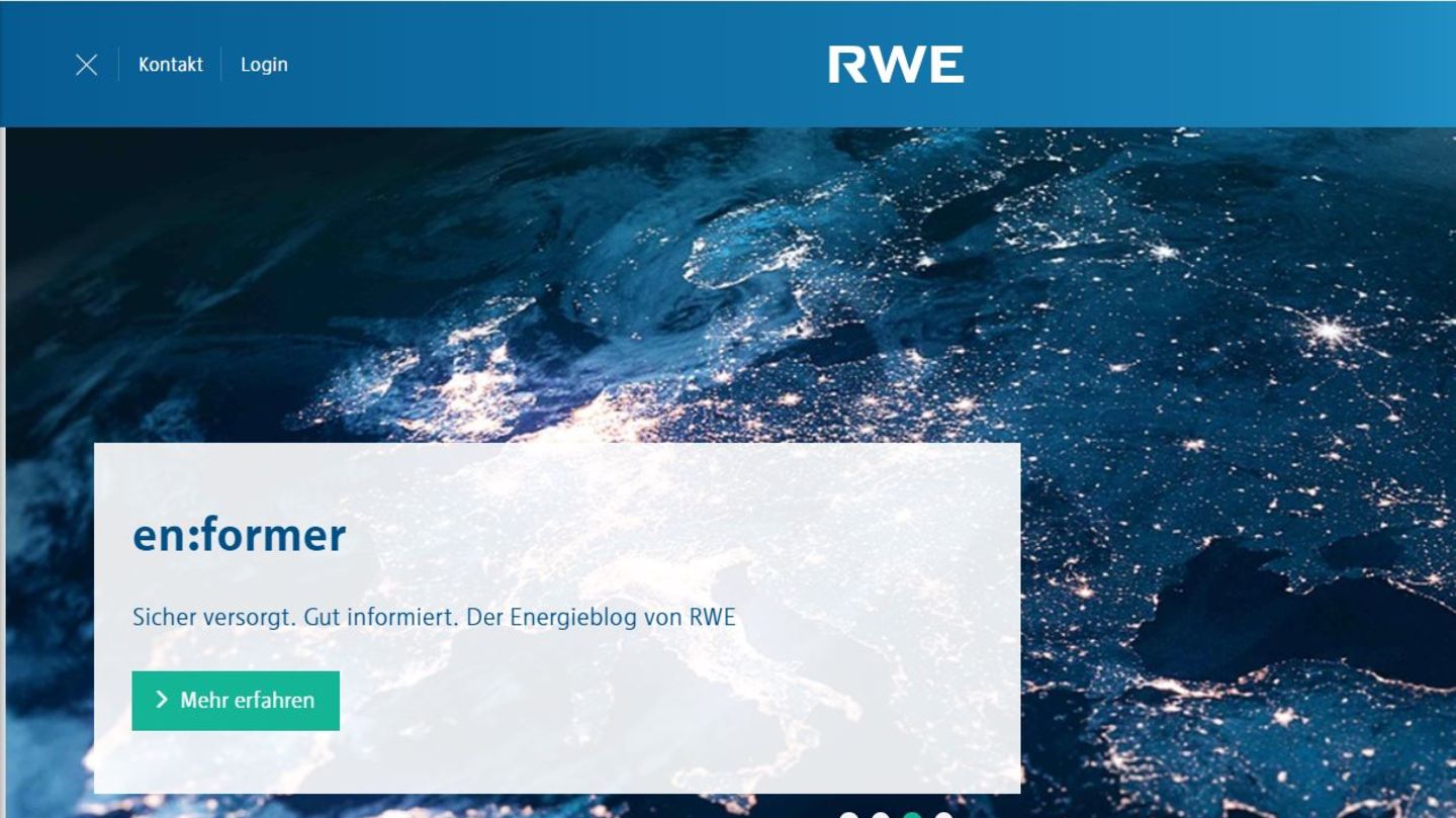 Ein Screenshot zwigt die Homepage des Energiekonzerns RWE: in Blau gehalten und mit einer Satellitenaufnahme Europas bei Nacht