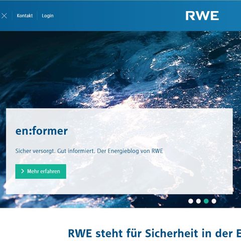 Ein Screenshot zwigt die Homepage des Energiekonzerns RWE: in Blau gehalten und mit einer Satellitenaufnahme Europas bei Nacht