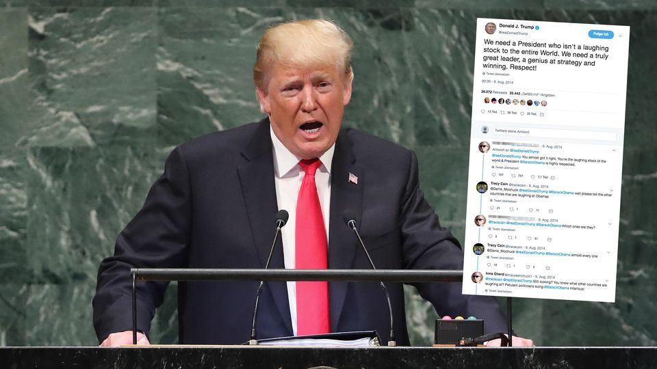 Donald Trump Tweet Lachnummer Donald Trump steht am Rednerpult vor der UN-Vollversammlung. Auf das Bild ist ein Trump-Tweet montiert