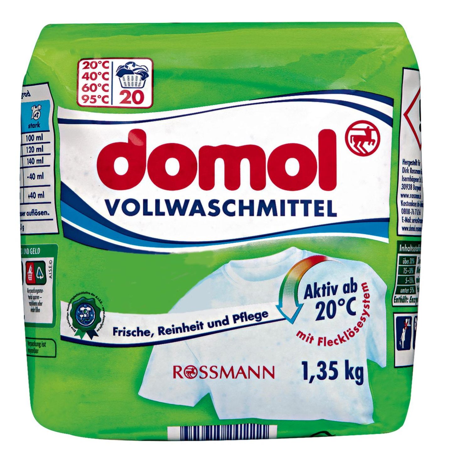 Platz 5  Rossmann  Domol   Vollwaschmittel   Note Gut (2,2)  Preis pro Wäsche : 13 Cent  Besonderheiten: -