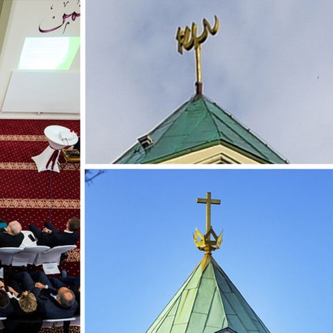 Das Dach der Kapernaumkirche bzw. -moschee in Hamburg, Blick ins Kirchenschiff während der Einweihungsfeier