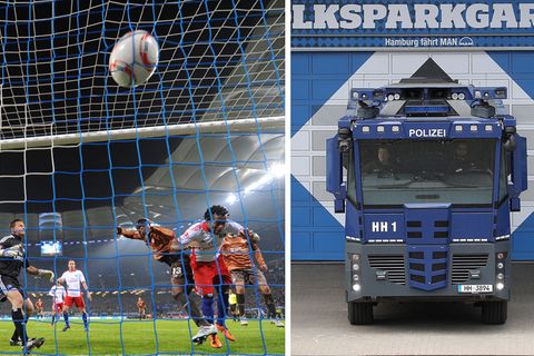 Das 1-zu-0-Tor im letzten Hamburger Duells zwischen dem HSV und dem St. Pauli; ein Wassserwerfer der Polizei