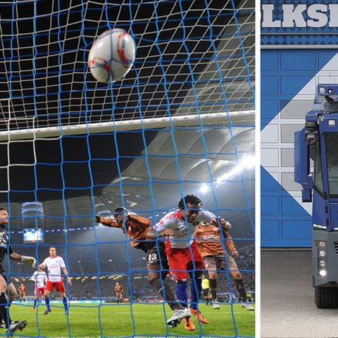 Das 1-zu-0-Tor im letzten Hamburger Duells zwischen dem HSV und dem St. Pauli; ein Wassserwerfer der Polizei
