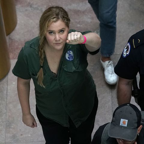 Comedian Amy Schumer reckt die Faust in die Höhe, nachdem sie in Washington festgenommen wurde