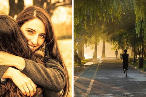 Collage: Umarmung zweier Frauen, Jogger im Park