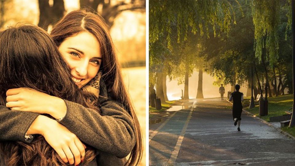 Abwehrkräfte stärken Collage: Umarmung zweier Frauen, Jogger im Park