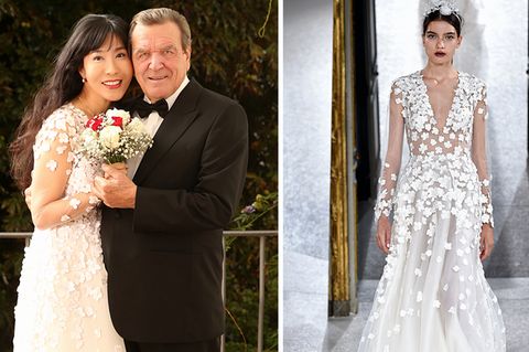 Soyeon Kim und Gerhard Schröder auf ihrem offiziellen Hochzeitsfoto und das Brautkleid von Kaviar Gauche auf dem Laufsteg