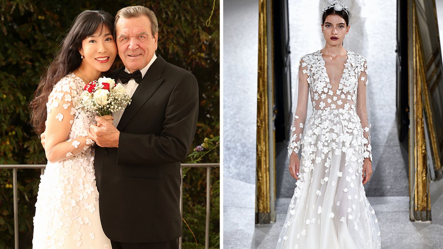 Soyeon Kim und Gerhard Schröder auf ihrem offiziellen Hochzeitsfoto und das Brautkleid von Kaviar Gauche auf dem Laufsteg