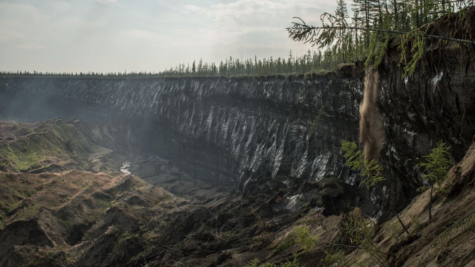 Alles rutscht, schmilzt, stürzt. Jeden Sommer frisst sich das Loch etwa zehn Meter weiter in die Taiga.