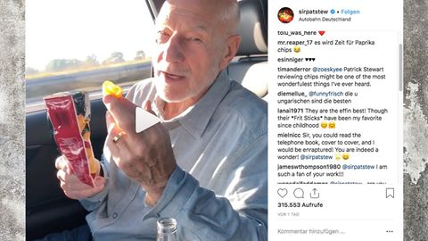 Sir Patrick Stewart isst deutsche Chips auf der Autobahn