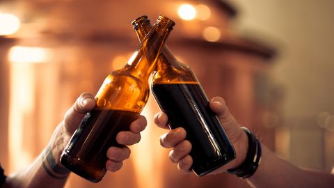 Zwei Männer stoßen mit Bierflaschen an