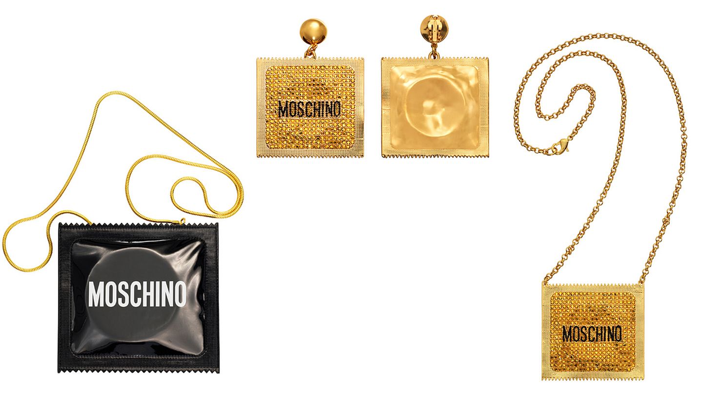 Kondom am Ohr  Ob diese Accessoires zum Verkaufsschlager werden? In die Tasche (99 Euro), die Ohrringe (49,99 Euro) und die Kette (49,99 Euro) sind scheinbar Kondome eingearbeitet - allerdings sind es nur Attrappen.