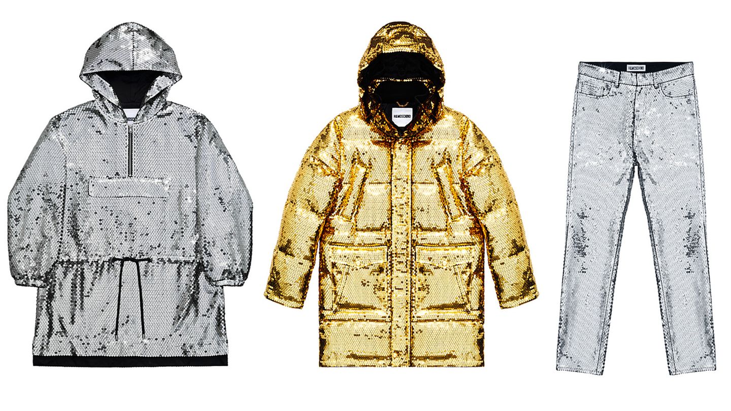 Moschino: Lass es funkeln! Für Lametta im Weihnachtsbaum ist es noch etwas früh, aber wer will, kann trotzdem schon funkeln wie eine Christbaumkugel. Jeremy Scott hat mehrere paillettenbesetzte Teile in seiner Kollektion, für Damen und Herren, in Gold und Silber. Darin wird man garantiert nicht übersehen. Kleid: 149 Euro; Daunenmantel: 299 Euro; Hose: 99 Euro. Lass es funkeln! Für Lametta im Weihnachtsbaum ist es noch etwas früh, aber wer will, kann trotzdem schon funkeln wie eine Christbaumkugel. Jeremy Scott hat mehrere paillettenbesetzte Teile in seiner Kollektion, für Damen und Herren, in Gold und Silber. Darin wird man garantiert nicht übersehen. Kleid: 149 Euro; Daunenmantel: 299 Euro; Hose: 99 Euro.