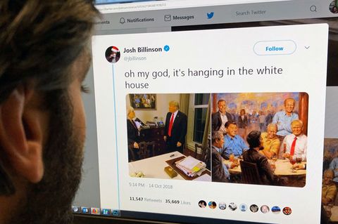 Das Gemälde des Malers Andy Thomas von Donald Trump und seinen Amtsvorgängern auf einem PC