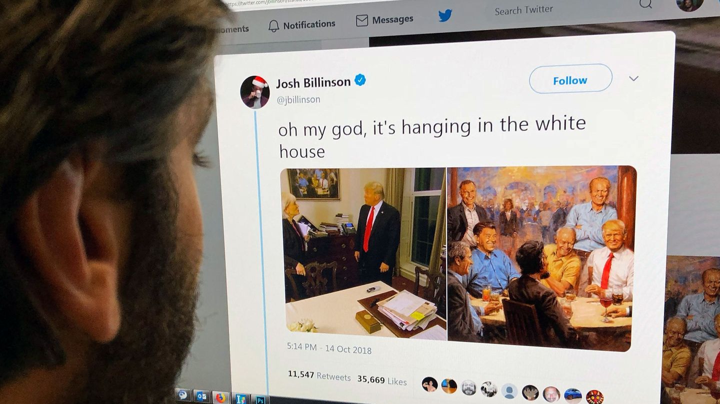 Das Gemälde des Malers Andy Thomas von Donald Trump und seinen Amtsvorgängern auf einem PC