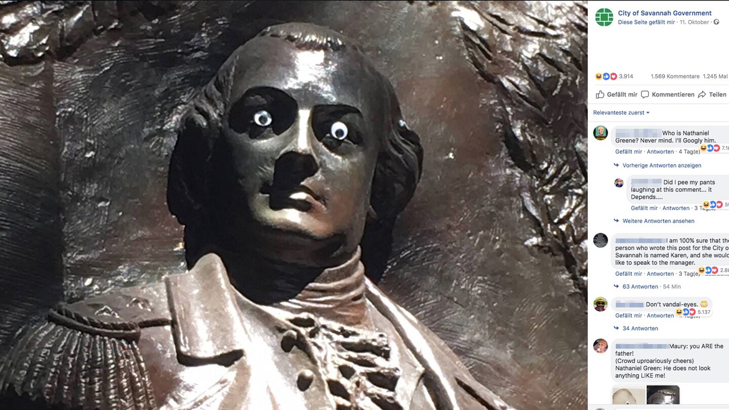 Statue von Nathanael Greene mit Glubschaugen