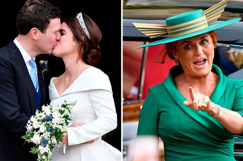 Jack Brooksbank und Prinzessin Eugenie nach ihrer Trauung auf Schloss Windsor. Zu den Gästen gehörte auch Eugenies Mutter Sarah Ferguson.