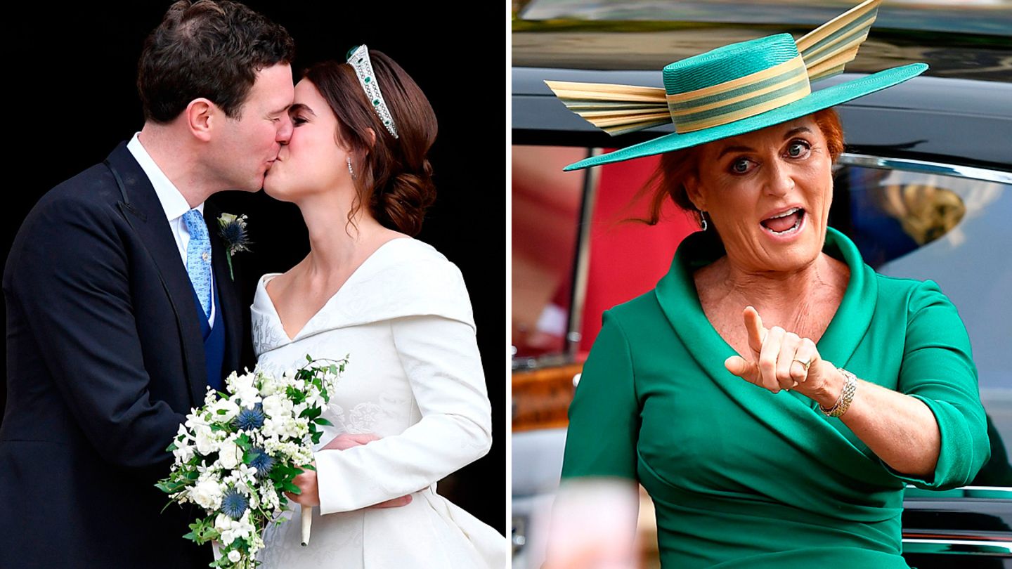 Jack Brooksbank und Prinzessin Eugenie nach ihrer Trauung auf Schloss Windsor. Zu den Gästen gehörte auch Eugenies Mutter Sarah Ferguson.