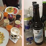 Frühstückstisch und Bier auf Tisch
