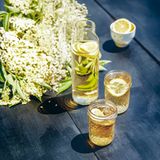 Dass es nicht immer Alkohol sein, zeigt dieser fruchtige Holunderblütensirup.      Ergibt ca. 2 Liter Sirup: 2 l Wasser, 40-50 große Holunderblüten, 700 g Bio-Zucker, 4 ganze Bio-Zitronen, in dünne Scheiben geschnitten      Holunderblüten kräftig schütteln, um Staub und Krabbeltiere loszuwerden, aber nie waschen, denn dadurch verlieren sie ihr Aroma. Wasser und Zucker in einen großen Topf geben und erhitzen, bis sich der Zucker aufgelöst hat. Holunderblüten und Zitronenscheiben in einen großen Behälter geben und das Zuckerwasser darübergießen. Abdecken und mindestens 12 Std. in der Küche stehen lassen. Durch ein Seihtuch abseihen und in Glasflaschen in den Kühlschrank stellen.