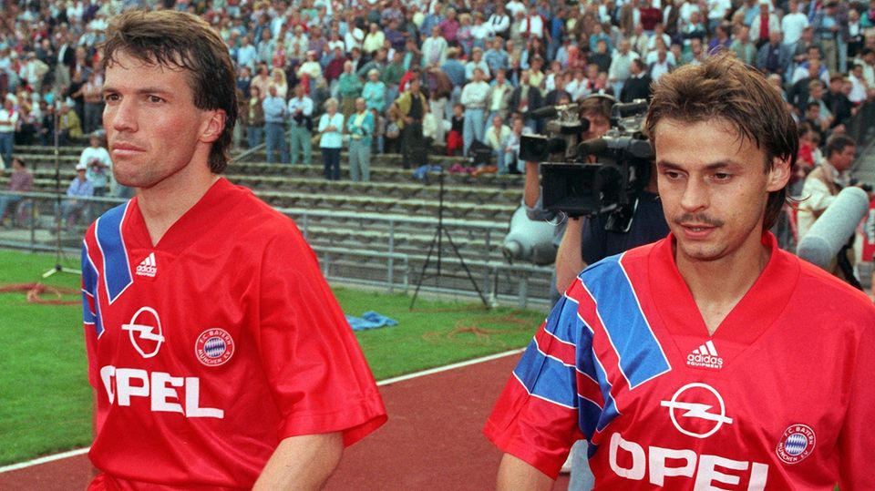 Lothar Matthäus und Olaf Thon 1992 im Trikot des FC Bayern