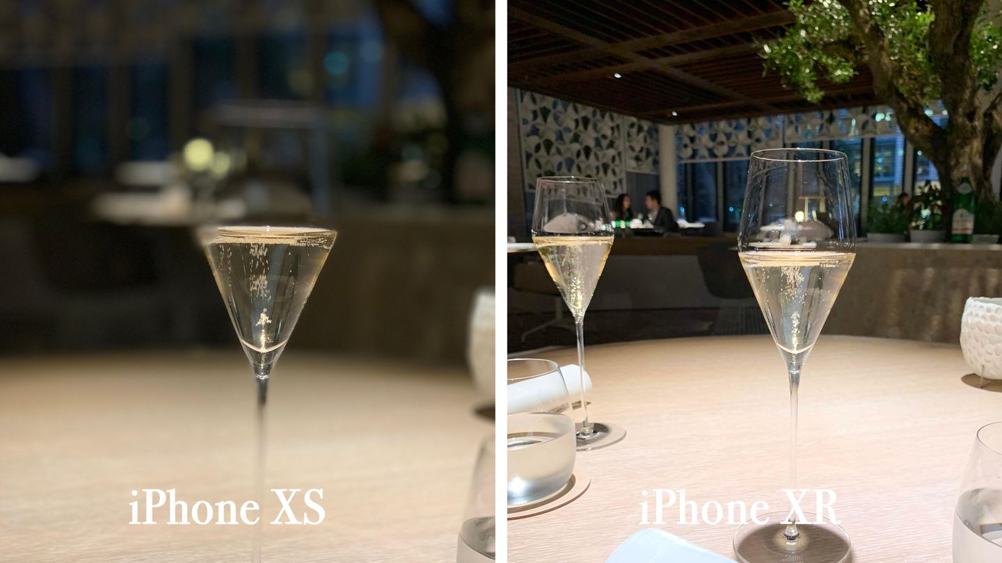 Ein Allheilmittel ist die zweite Linse des XS aber auch nicht, wie dieses Beispiel zeigt. Der Porträtmodus erkennt das Glas nicht richtig und rechnet es unscharf. Das "normale" Foto des XR (das man natürlich auch mit dem XS knipsen könnte) ist in so einer Situation besser geeignet.