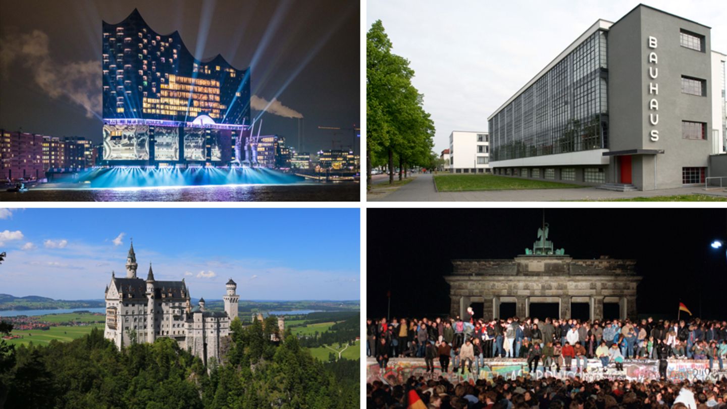 Touristenattraktionen in Deutschland: Elbphilharmonie Hamburg, Schloss Neuschwanstein, Bauhaus Dessau, 30 Jahre Mauerfall Berlin