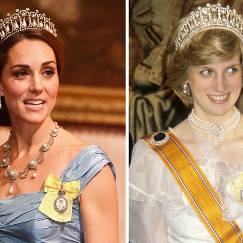 Gleiche Tiara, gleicher Anlass: Herzogin Catherine (2018) und Prinzessin Diana (1982) beim Staatsbankett für den niederländischen Regenten