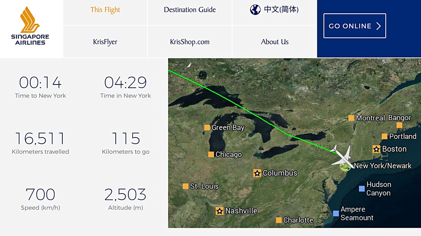 Der Screenshot vom Bordunterhaltungsprogramm zeigt die Phase im sinkenden Gleitflug zum Newark Airport in New Jersey. Wir werden fast eineinhalb Stunden früher in New York landen.