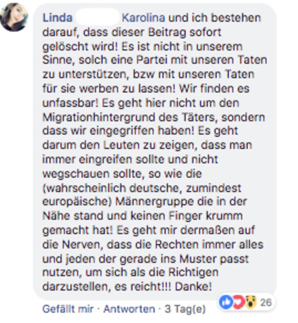 Der Kommentar von Linda unter dem AfD-Posting Der Kommentar von Linda unter dem AfD-Posting