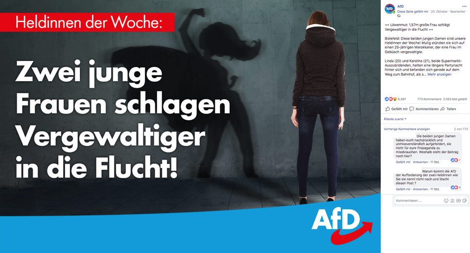 Das Posting der AfD, gegen das die beiden Heldinnen protestieren Das Posting der AfD, gegen das die beiden Heldinnen protestieren