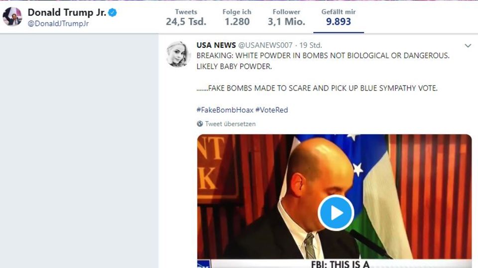 Präsidentensohn Donald Trump jr. hat einen Tweet geliket, in dem verbreitet wird, die US-Demokraten hätten die mutmaßlichen Rohrbomben selbst verschickt