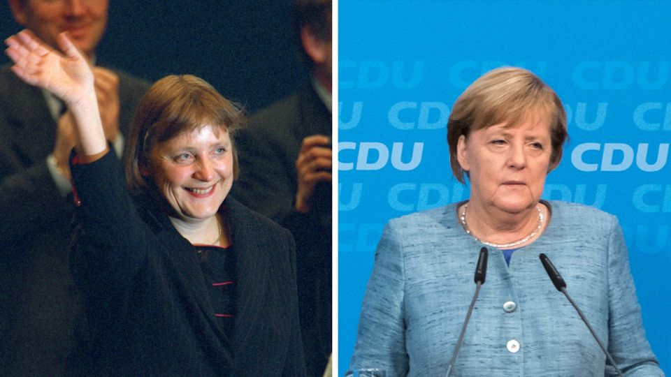 Angela Merkel nach ihrer Wahl zur CDU-Vorsitzenden im Jahr 2000 (l.) und vor der Hessenwahl 2018