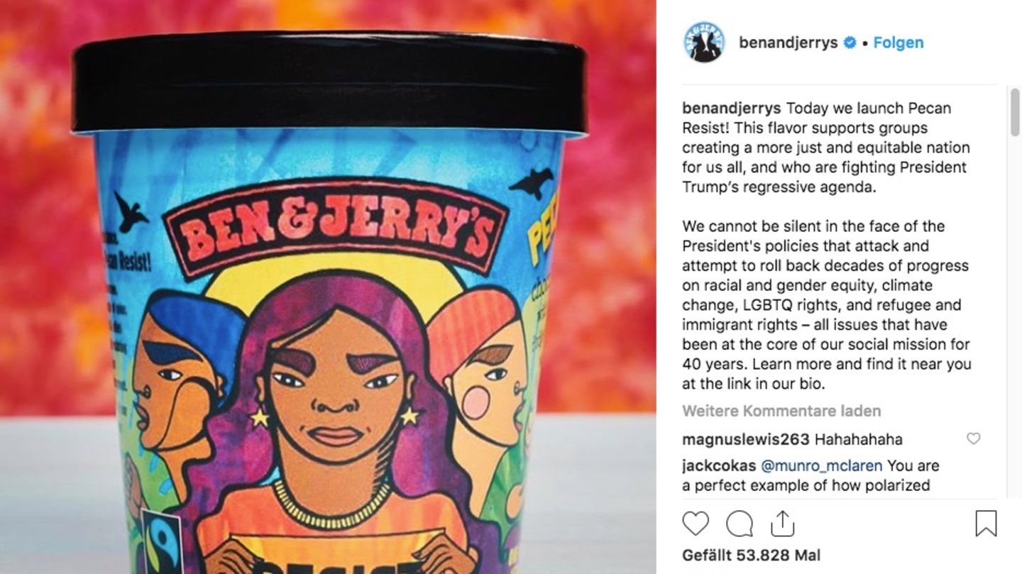 Mit dieser Eissorte will "Ben & Jerry's" Gruppen unterstützen, die sich für "eine gerechtere Nation" einsetzen – und sich gegen "Trumps rückläufige Agenda" wehren