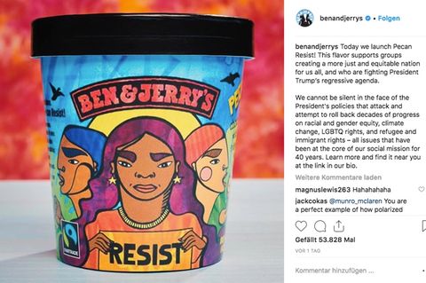 Mit dieser Eissorte will "Ben & Jerry's" Gruppen unterstützen, die sich für "eine gerechtere Nation" einsetzen – und sich gegen "Trumps rückläufige Agenda" wehren