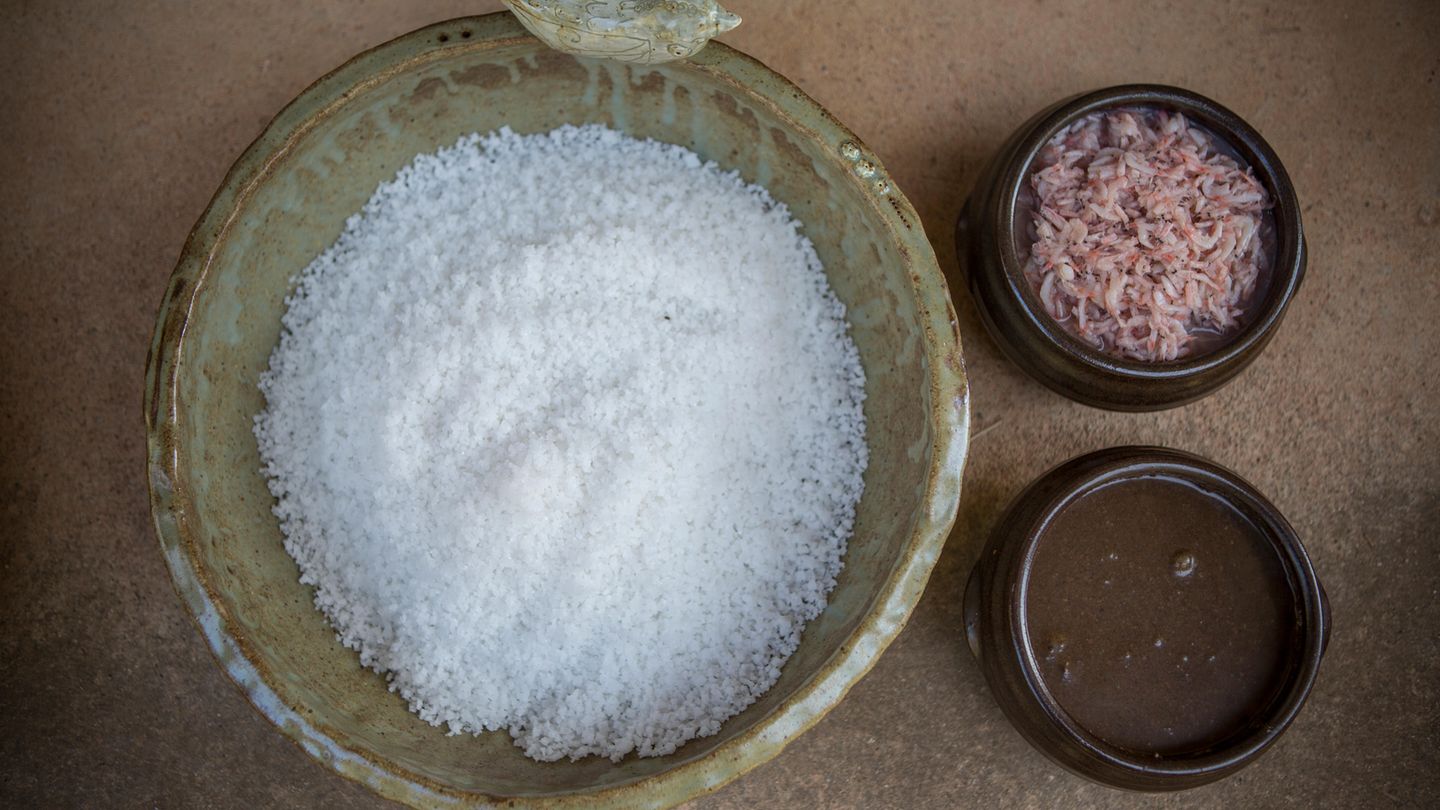 Originalrezept aus Korea: Fermentation in Gang setzen Hauptzutat bei der Zubereitung von milchsaurem Kohl ist Salz. Hausfrauen verwenden meist ein grobes Meersalz, das dem Kohl in Mengen von bis zu 15 Prozent des Gemüsegewichts zugefügt wird. Die Fermentation des Kohls gelänge auch nur mit den dem Gemüse eigenen Mikroben, durch den Zusatz von Garnelen in Lake und einer trüben Fischsauce wird sie aber beschleunigt und verstärkt. So wird gleich zum Beginn des Gärprozesses ein Umfeld geschaffen, das das Auftreten von Fäulnisbakterien unterbindet, das den Milchsäurebakterien aber so richtig gefällt. Fermentation in Gang setzen Hauptzutat bei der Zubereitung von milchsaurem Kohl ist Salz. Hausfrauen verwenden meist ein grobes Meersalz, das dem Kohl in Mengen von bis zu 15 Prozent des Gemüsegewichts zugefügt wird. Die Fermentation des Kohls gelänge auch nur mit den dem Gemüse eigenen Mikroben, durch den Zusatz von Garnelen in Lake und einer trüben Fischsauce wird sie aber beschleunigt und verstärkt. So wird gleich zum Beginn des Gärprozesses ein Umfeld geschaffen, das das Auftreten von Fäulnisbakterien unterbindet, das den Milchsäurebakterien aber so richtig gefällt.