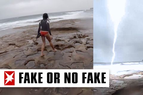 Collage: Junge Frau am Meer, Blitzeinschlag