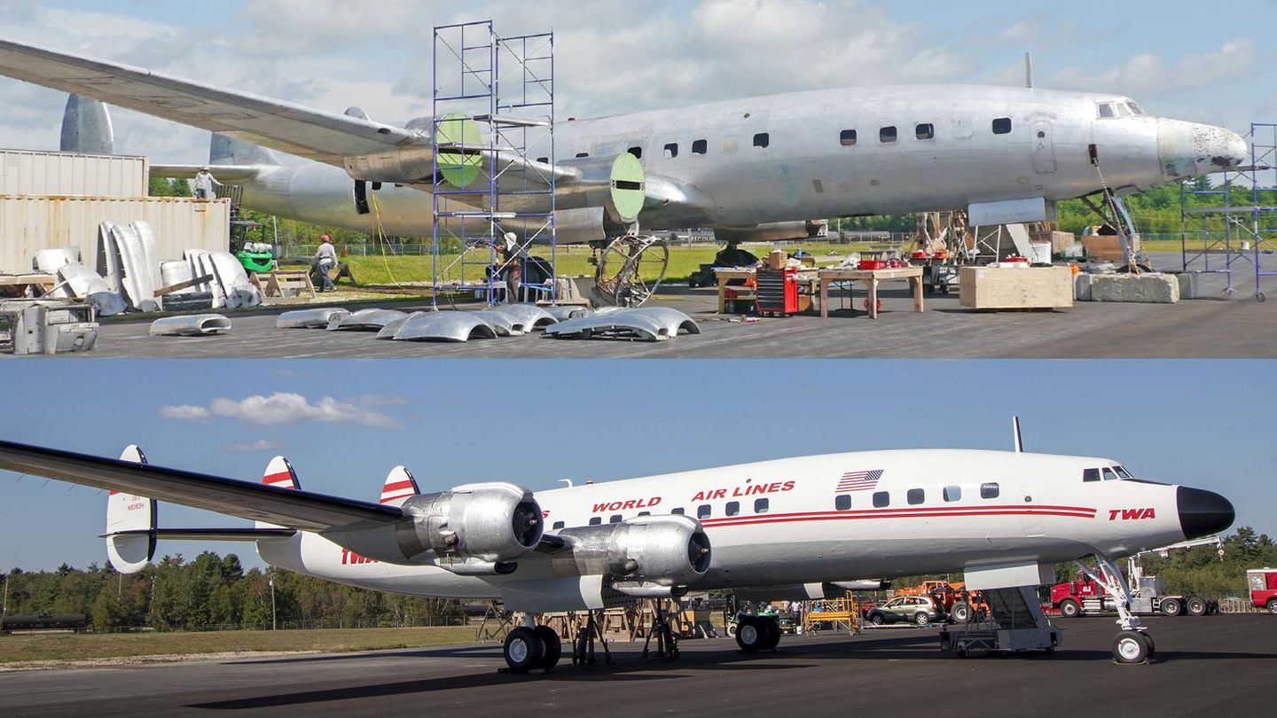 Vorher und nachher: Seit den 80er Jahren stand die viermotorige Propellermaschine am Flughafen Auburn-Lewiston in Bundesstaat Maine. Zuletzt diente sie der Lufthansa-Technik als Ersatzteillieferant für die Restaurierung einer weiteren Maschine, die sich noch dort befindet.